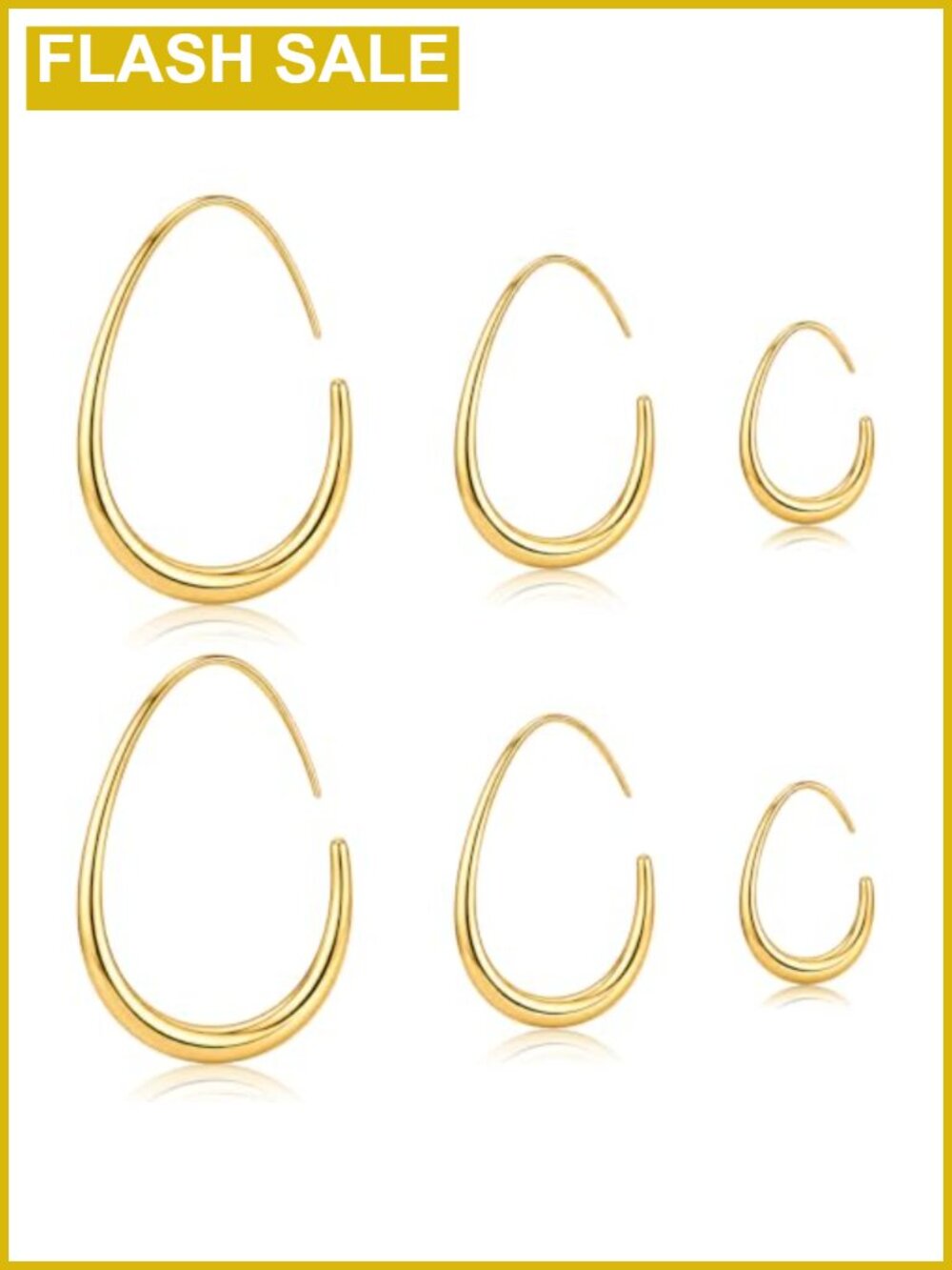 3 Pairs Teardrop Hoop Earrings, 14k Gold Plated, Waterproof Stainless Steel
